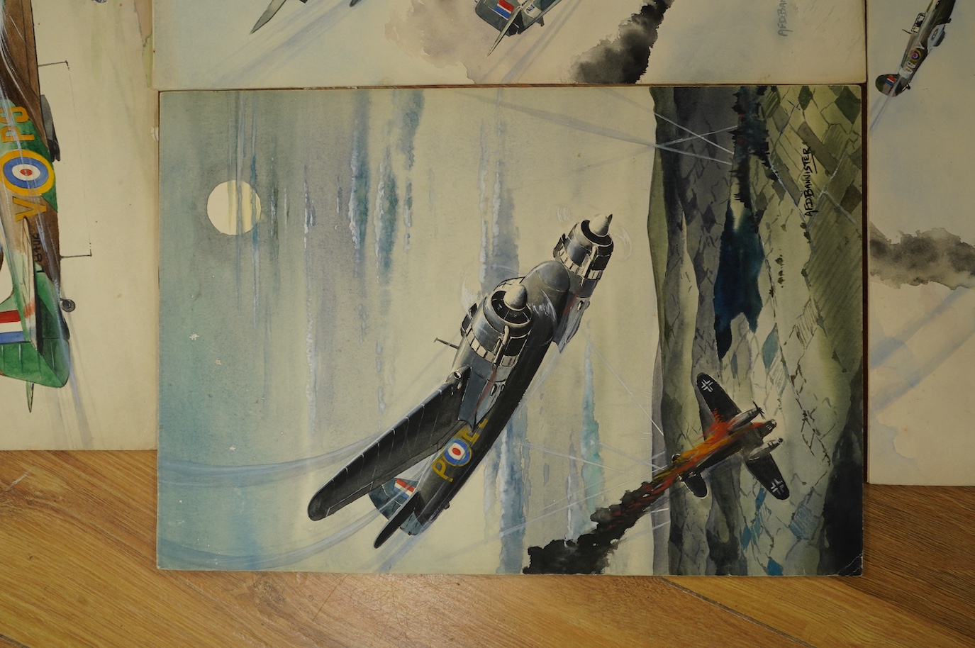 AFD Bannister, set of four original WWII watercolours for post card designs, RAF Aircraft to include ‘Hawker Hurricanes in combat’ and ‘The End of the Raider, Bristol Beaufighter downs a Heinkel III k’, each signed with